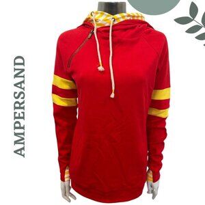 Ampersand Ave Doublehood Hoodie | Red & Yellow Striped Sleeves | Bright Size XS